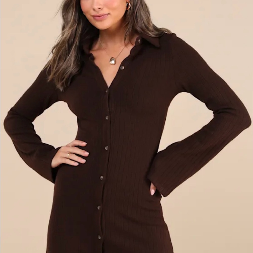 Lulu's Chocolate Brown Button-Up Mini Dress NWT